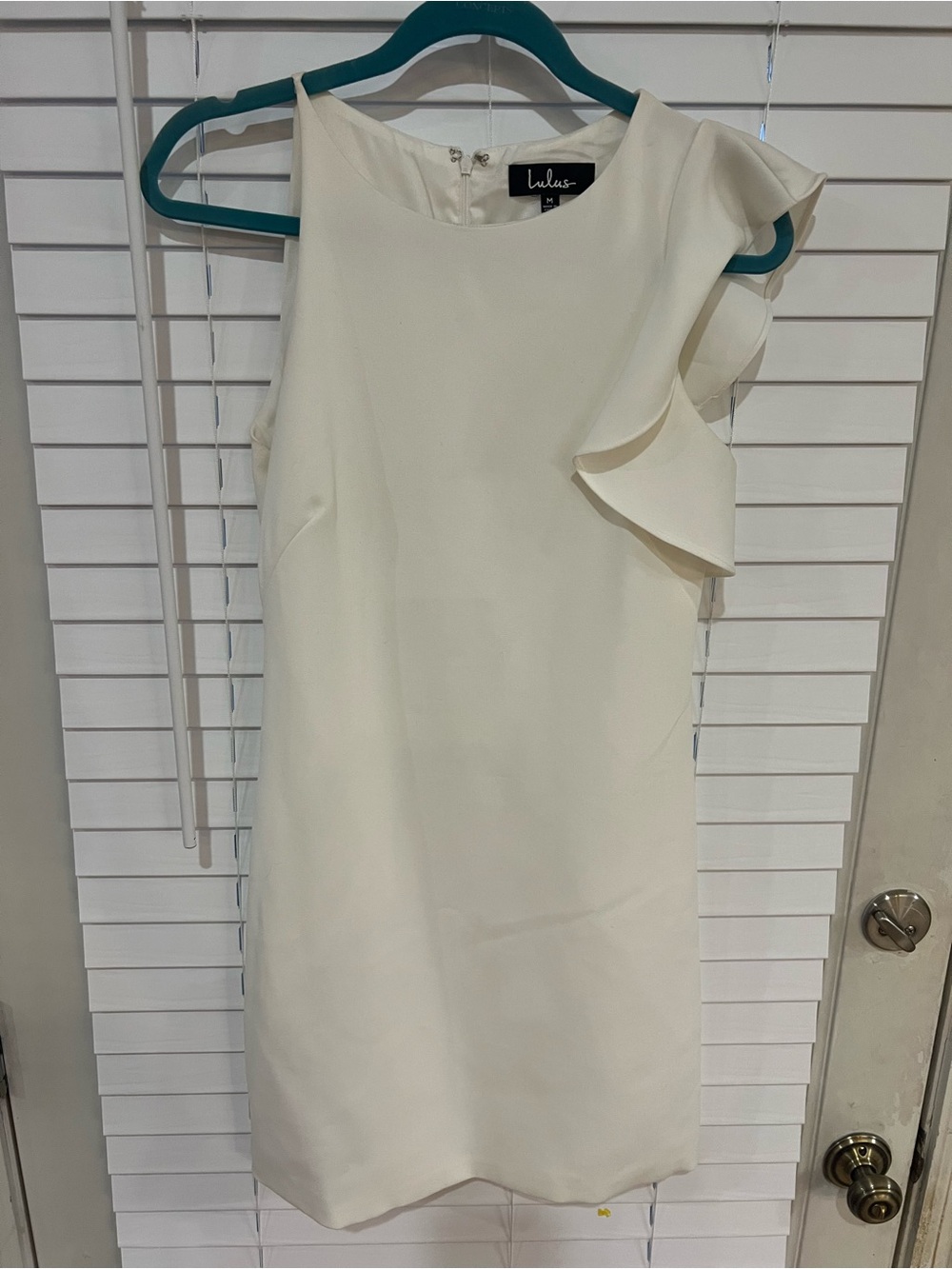 Lulu's Cream One-Shoulder Ruffle Sheath Midi Dress